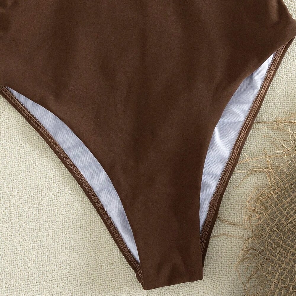 Brown Elegant Women's Sexy V-Neck One-Piece Swimsuit - Picture 5 of 5
